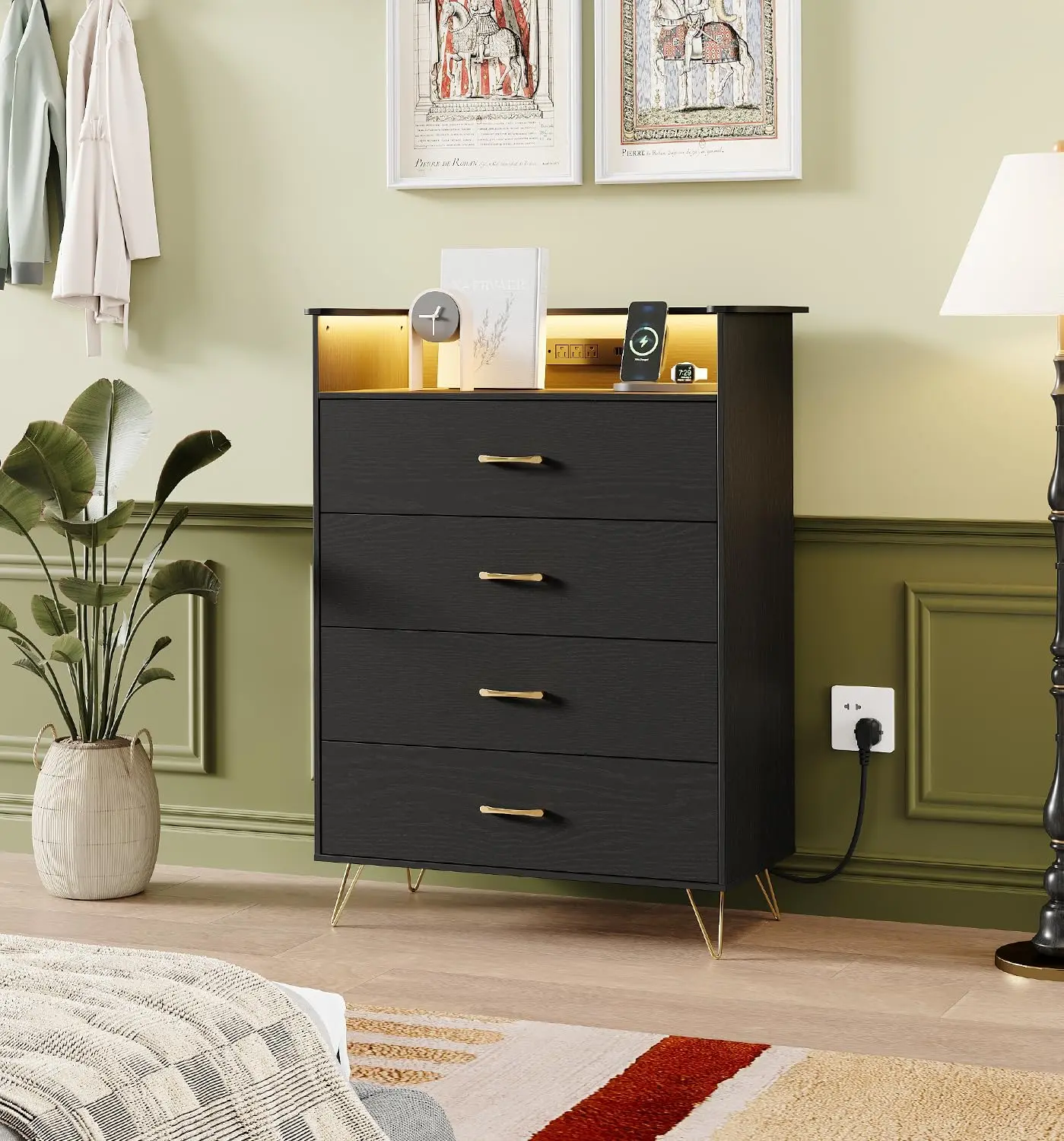 Garvee 4-Drawer Dresser for Bedroom with Charging Station & RGB Lights, Tall Modern Wooden Chest of Drawers with App Control, Large Storage Cabinet for Bedroom, Living Room, Closet, Black