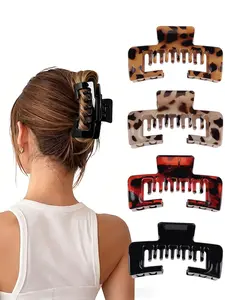 4pcs Retro Elegant Leopard Print Hair Clips, Anti-Slip Square Hair Grips with Hat, Dual Teeth Design for Thick Hair, Secure Hairstyles