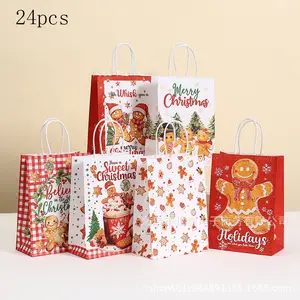 24 Reusable Christmas Gift Bags, Festive Party Supplies, Santa & Gingerbread Design, Ideal for Holiday Shopping & Decorations