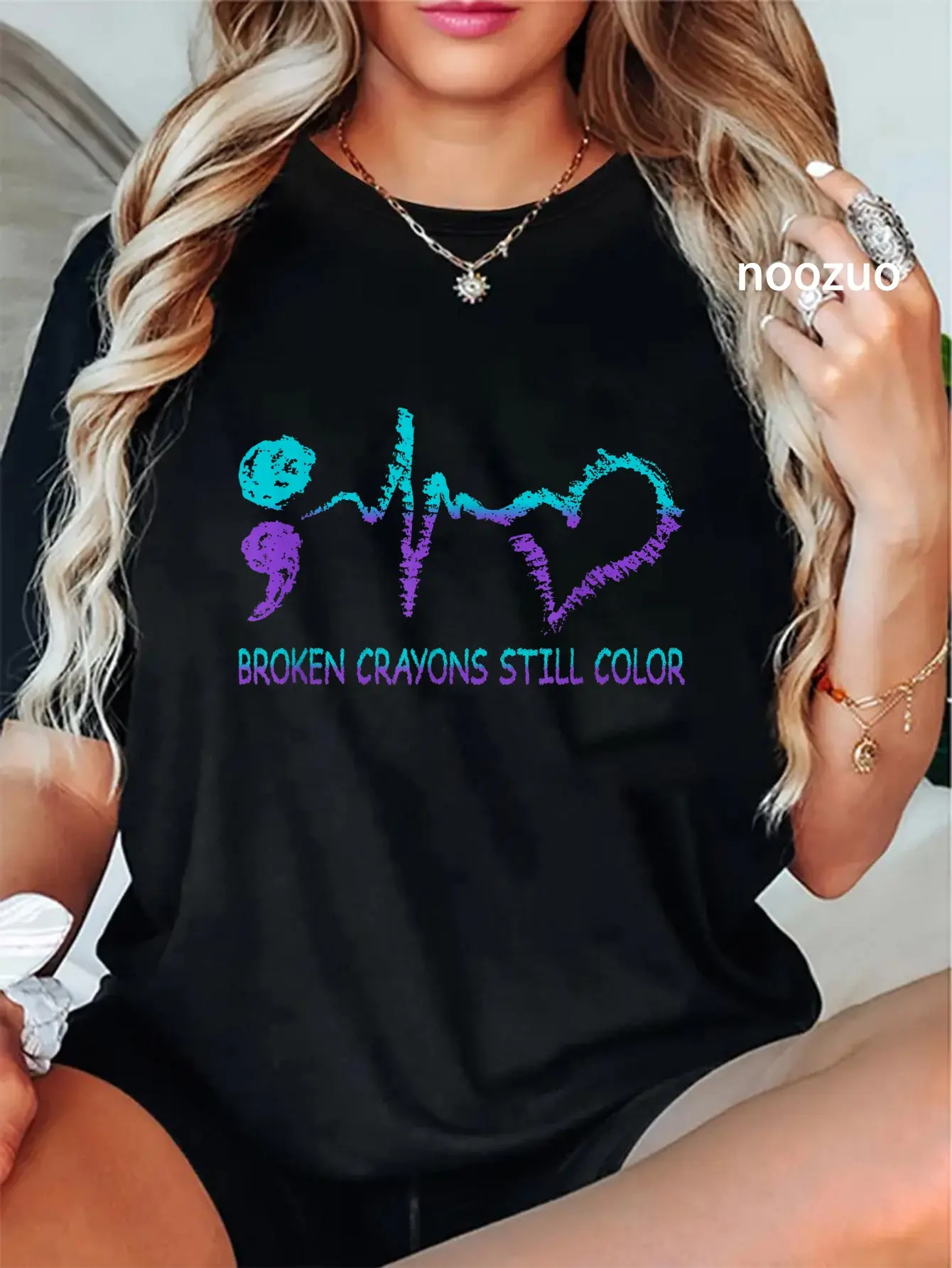 Women's Graphic T-Shirt with Broken Crayons Still Color Slogan, Casual Everyday 100% Cotton Short-Sleeve Streetwear for Mental Health Awareness, Shortsleeve, Tshirt