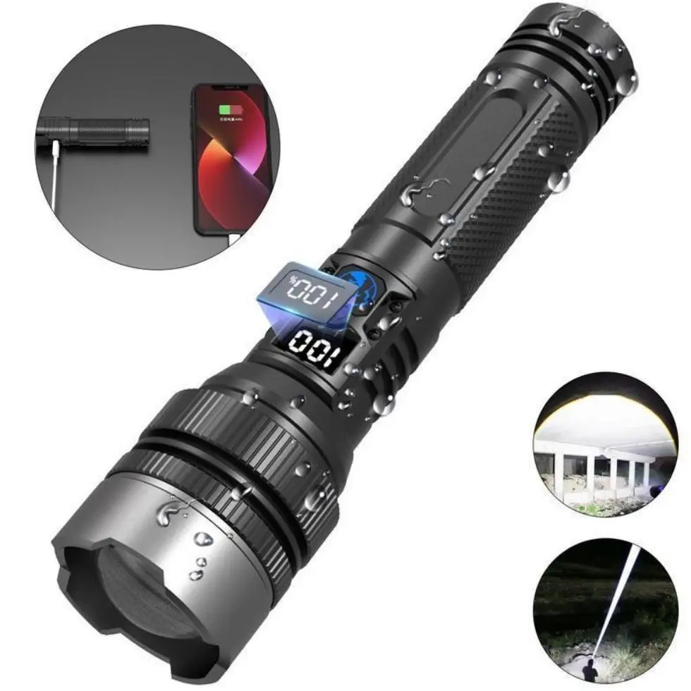2-in-1 Flashlight & Power Bank, Digital Power Display, USB Rechargeable, Zoomable, IPX4 Waterproof, Adjustable Brightness Flash Light, Black for Camping Emergency Outdoor Use