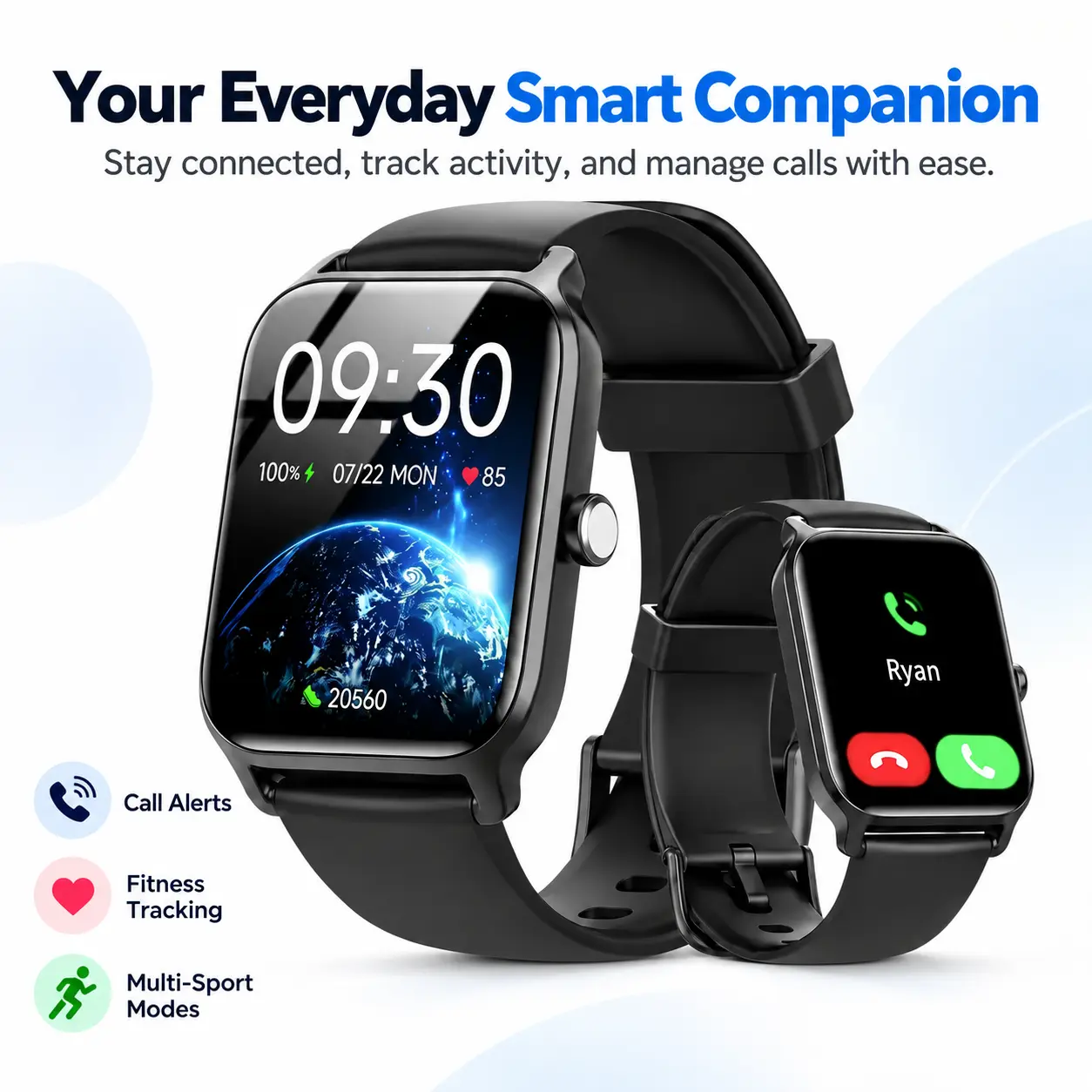 2.01-Inch Touchscreen Smartwatch with Bluetooth Calls, Step Tracking, Message Reminders, Alarm, Timer and Music Control for iOS and Android