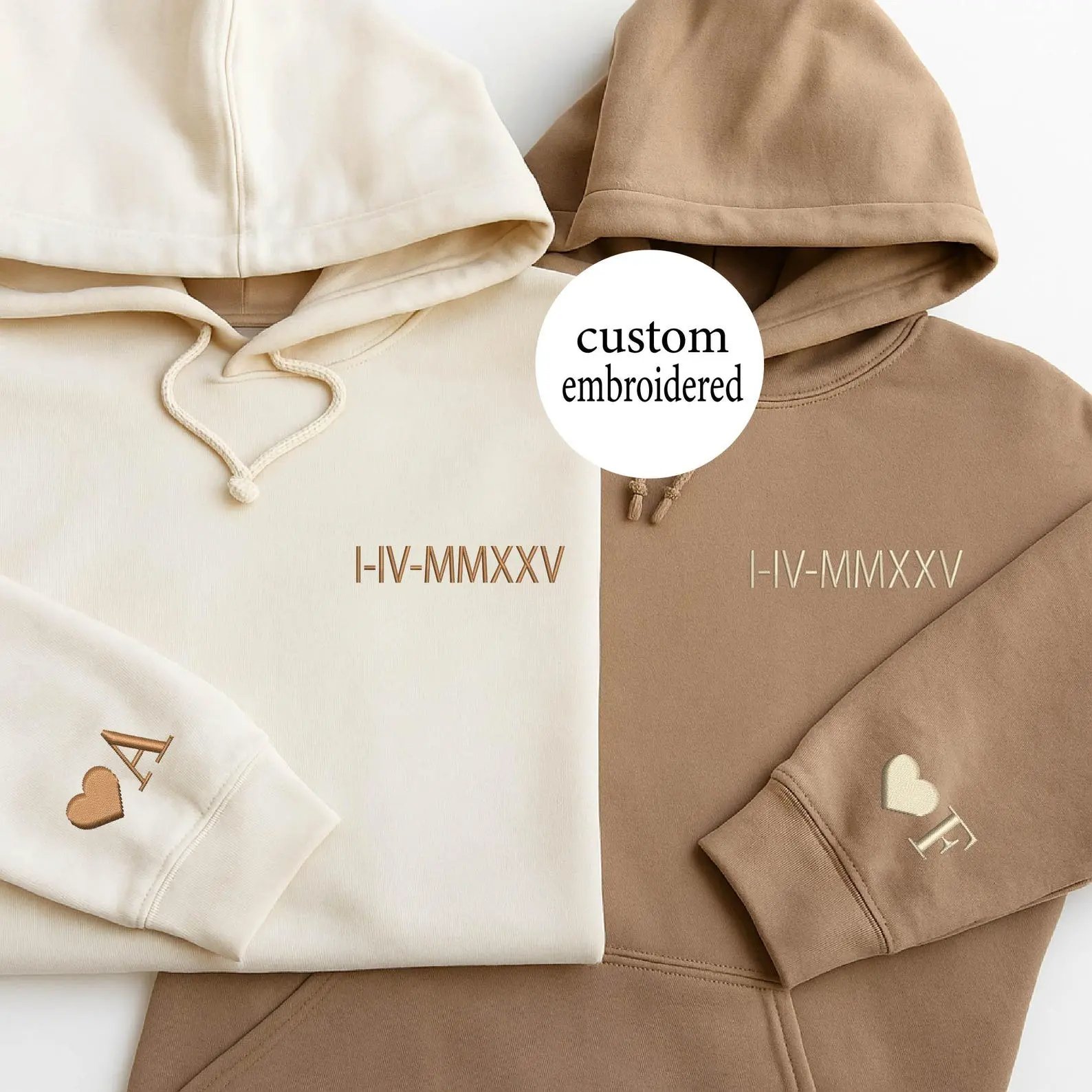 Custom Embroidered Roman Numeral Hoodie - Couples Gift - Personalized Gift Date Hoodie Initial on Sleeve - Engagements, 1st Anniversary gift