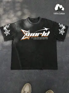 Unisex design, street style, summer American retro-avant-garde black loose-fitting short-sleeved T-shirt, high-quality cotton hoodie with the ‘Xworld’ logo and star pattern. Suitable for streetwear, Y2K, campus, hip-hop, fashion, trends, and everyday wear