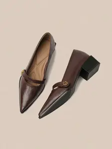 Pointed Toe Mary Jane Pumps with Camellia Buckle, Vintage Chunky Heel Formal Shoes, Perfect for Office and Party