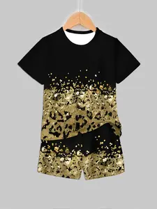 Kids Black & Gold Leopard Gradient Print Short Sleeve & Shorts Loungewear Set