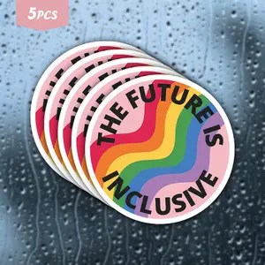 5Pcs "The Future Is Inclusive" Rainbow Pride Waterproof Vinyl Sticker, Wavy LGBTQ+ Equality Self-Adhesive Decal, Suitable For Water Bottles, Laptops, Journals, Ideal For Pride Month Celebrants, LGBTQ+ Advocates And Ally Vibe Enthusiasts
