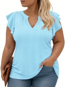 Womens Plus Size Summer Tops Cute Notched V Neck Ruffle Short Sleeve Tunic T Shirts Casual Dressy Elegant Sleeveless Blouses XL–5XL VPS0153