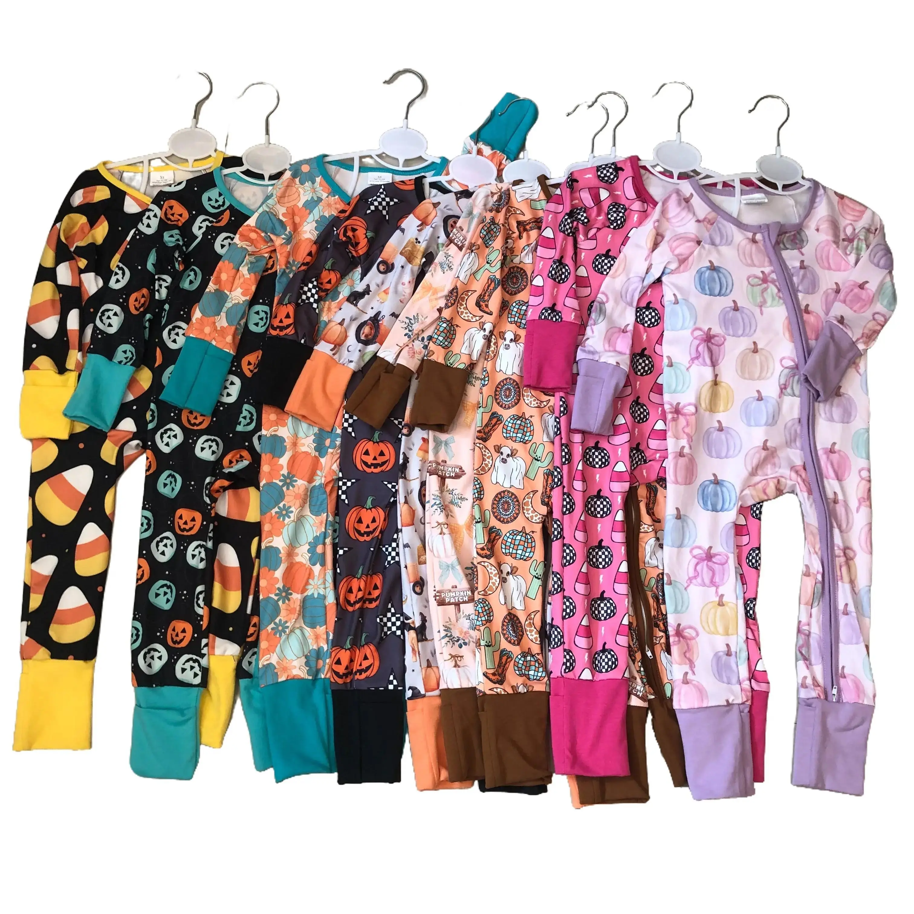 Unisex Baby Infant Sleepwear, Halloween Pumpkin Print Cotton Blend Footie Romper with Long Sleeves and Zip Front
