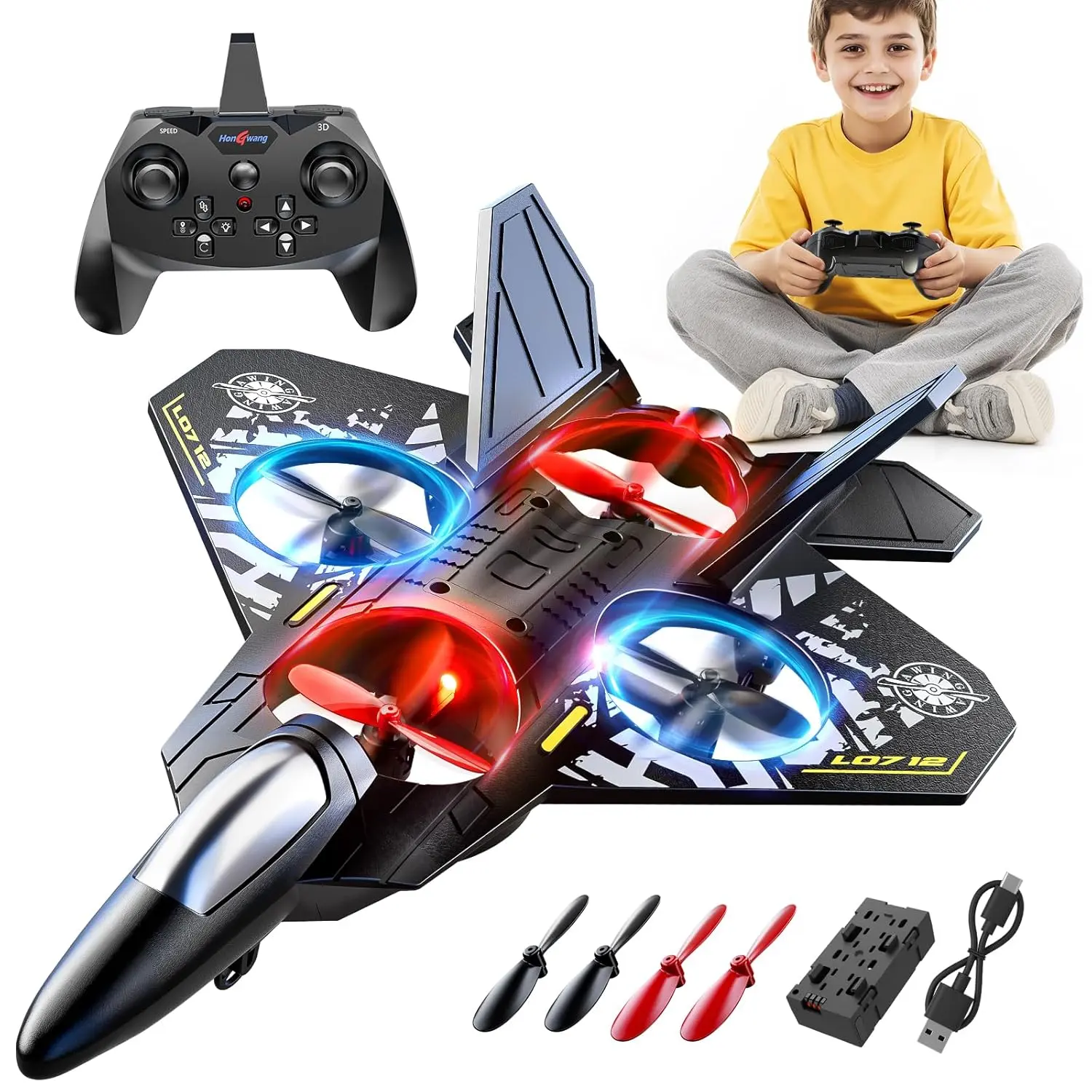 2.4GHz RC Airplane Toy - Foam Durable Construction, Easy Control, Colorful LED Lights, Adjustable 3-Speed Modes, Basic Model, Low Learning Curve, Unisex Kids Gift, Rechargeable Battery Included, Screwdriver & Manual Provided