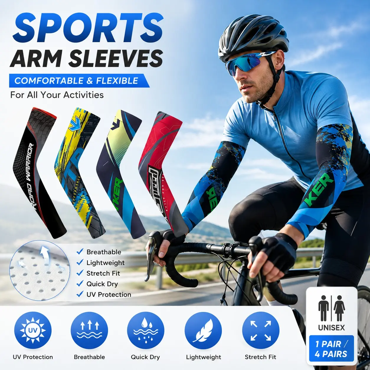 Men's Outdoor Sports Compression Arm Sleeves, Large Size, Ideal for Basketball, Fishing, Cycling, Pack of 1 Pair or 4 Pairs