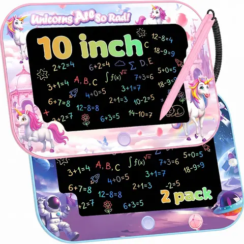 Unisex 10-Inch Digital LCD Writing Tablet Toy [2 Pcs] Unicorn + Astronaut Designs, Eye Care, Anti-Lost Lanyard, 1-Click Erase, Primary Batteries, Lock, Stylus Holder, Elastic Band, Toddler Educational Toy for Quiet Car Rides, Enhances Creative Skills