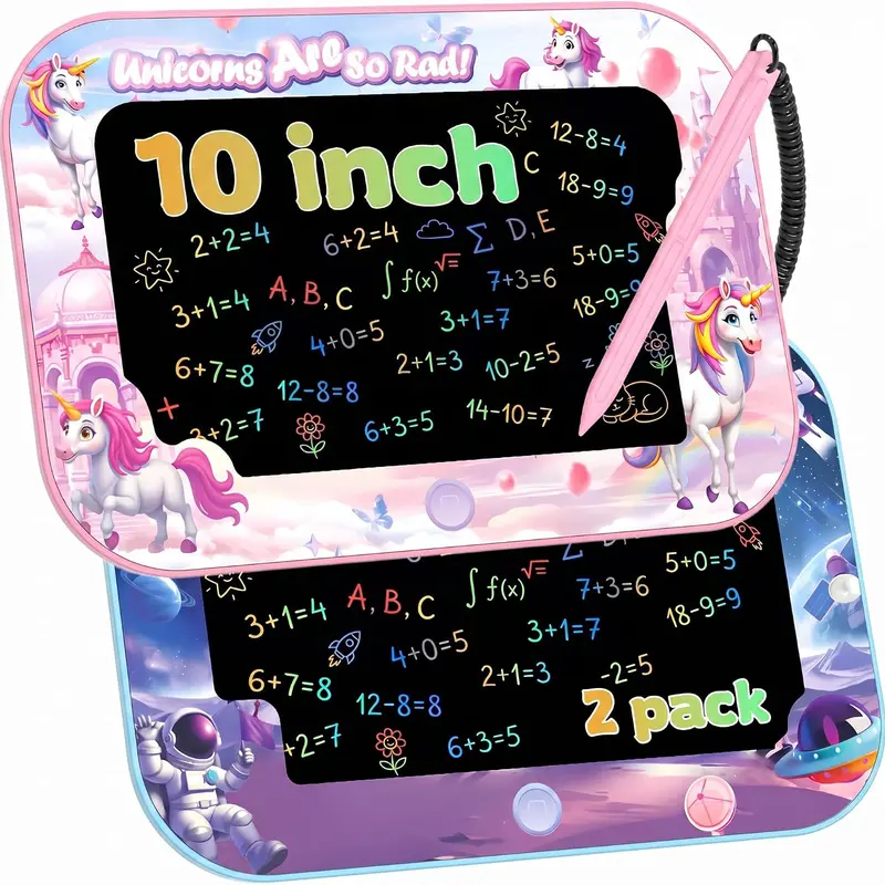 Unisex 10-Inch Digital LCD Writing Tablet Toy [2 Pcs] Unicorn + Astronaut Designs, Eye Care, Anti-Lost Lanyard, 1-Click Erase, Primary Batteries, Lock, Stylus Holder, Elastic Band, Toddler Educational Toy for Quiet Car Rides, Enhances Creative Skills