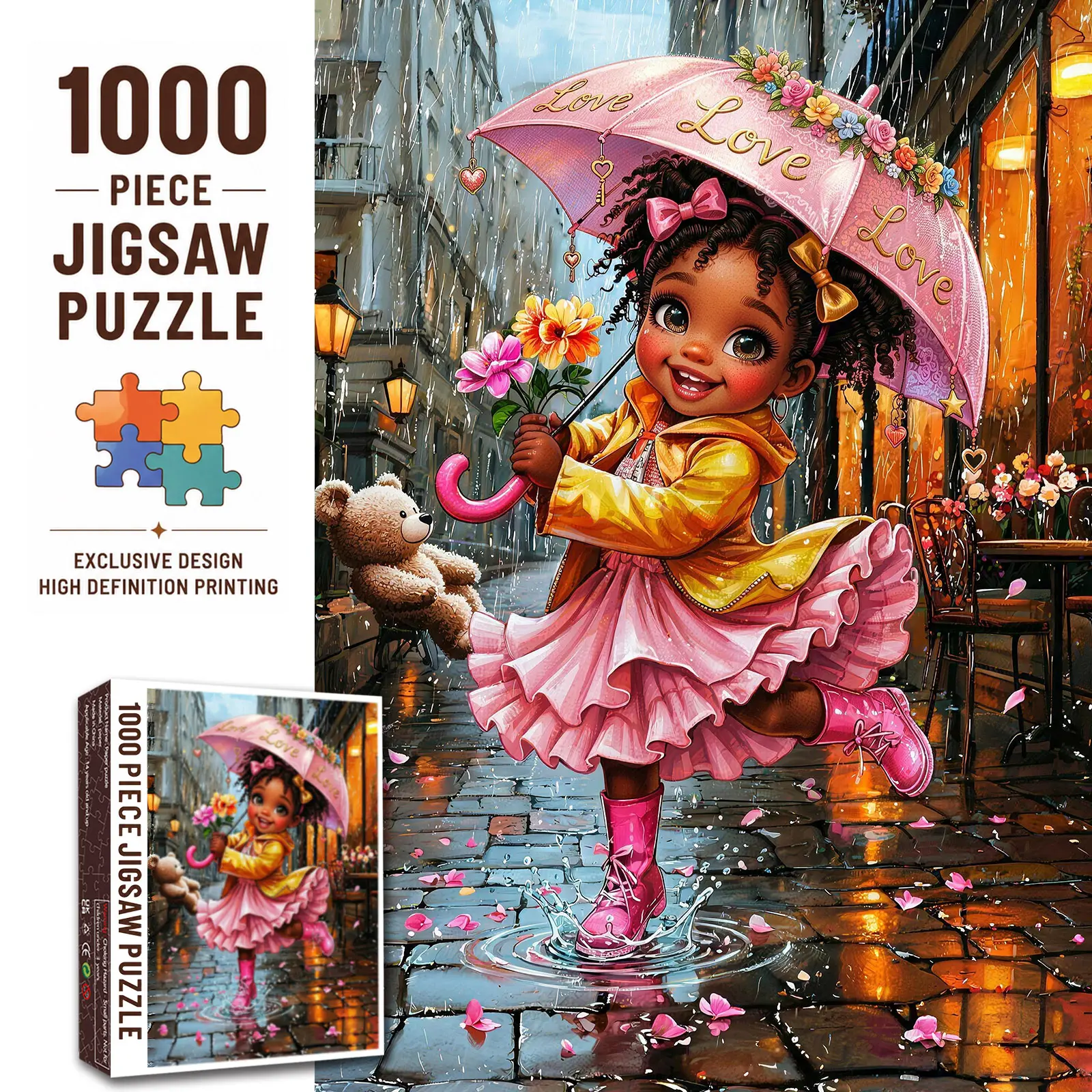 Walarky Rainy Day Girl 1000 Pieces Jigsaw Puzzle, Cute African American Girl with Umbrella Art Puzzle for Adults, Family Game, Stress Relief and Relaxation, Brain Teaser Challenge, Charming Wall Decor, Gift for Women and Seniors, 27.5x20inch(70x50cm)