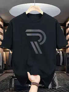 Men's Casual Round Neck Short Sleeve T-Shirt, Comfortable Fabric, Geometric Letter Print, Outdoor Wear, New Summer Style, Menswear