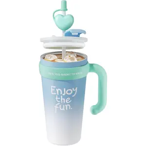 Insulated Coffee Travel Mug for hot with Handle & Straws,3-Way drink directly Flip Lid,22oz Stainless Steel leak proof tumbler Cup,for Travel, School, Outdoors, Home-based,Office (light blue)