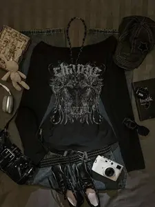 Y2K Goth Dark Academia Streetwear Womenswear Graphic Long-Sleeve Top | Jersey Knit Ultra-Soft Fabric | Grunge E-girl Core Outfit | Vintage Vibe Photo Shoot & Daily Wear | Edgy Statement Piece with Gothic Print