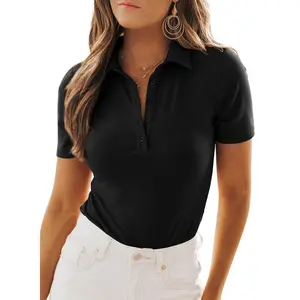 Dokotoo Womens 2026 Casual Tops V Neck Business Work Blouses Button Down Short Sleeve Shirts Ribbed Knit T Shirt