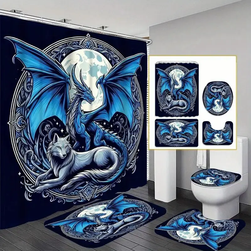 1/4 pcs blue dragon and blue pattern design, shower curtain set, Bathroom Shower Curtains, Decorative Shower Curtain, Bathroom Accessory, non-slip mat, U-shaped rug, toilet seat cover, Bathroom Decoration Accessories, includes 12 shower curtain hooks