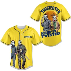 Halloween Scary Movie Characters x Twisted Tea Keep It Twisted Baseball Jersey, Michael Myers Jason Voorhees Beer Baseball Shirt, Beer Lover Gift for Dad & Him .