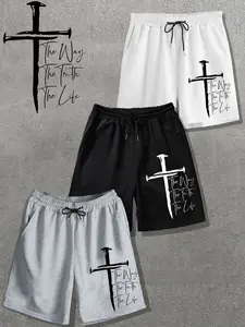 Classic Three-Piece Set, American High Street Cross Faith Print Shorts, Loose Fit Casual Sports Pants, Streetwear Style, Athleisure Casual Shorts, Athletic Casual Shorts