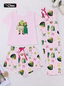 Shrek Fiona Three-Piece Cartoon Print Pajama Set for Women, Short-Sleeve & Long Shorts, Comfortable Sleepwear & Loungewear, Perfect Gift Idea