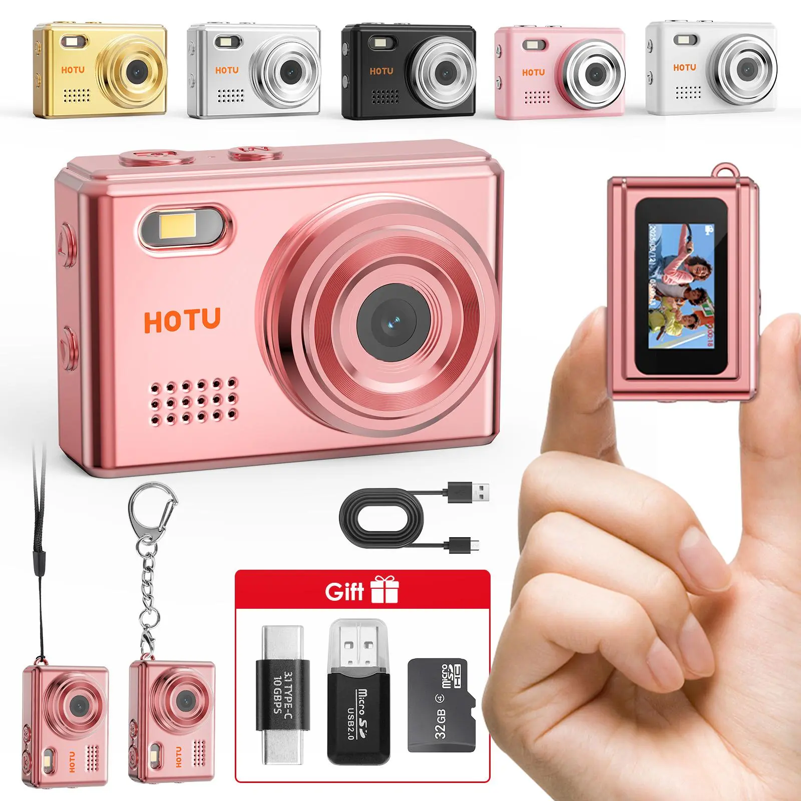 HOTU Mini Keychain Digital Camera – Y2K Pocket-Size Camera 1080P HD with 1MP Lens, Flash & 0.96" Screen, 32G Card & Charging Cable Included, Retro Vlog Camera for Travel, Concerts, Kids & Instant Party, Sparkling Rose Gold summerwins