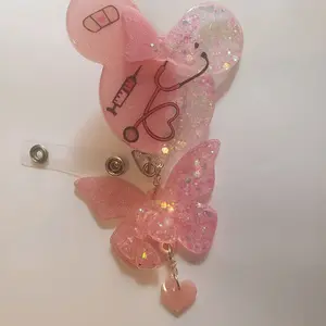 Retractable Pink Glitter Mouse Ears with Butterfly & Heart Charm Beautiful Pink Clear Glitter Badge for Fans