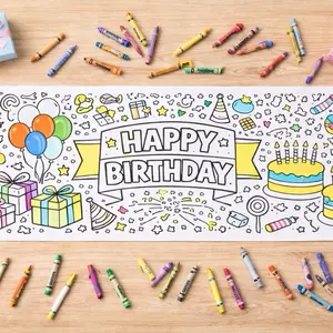 Happy Birthday Coloring Table Runner Classic Party Activity for Kids - Large Smooth Rolled Design Perfect for Birthday Parties & Decor