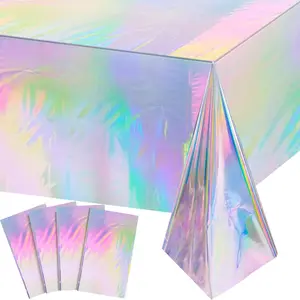 4 Pack Iridescent Plastic Tablecloths Shiny Disposable Laser Rectangle Table Covers Holographic Foil Tablecloth Iridescent Party Decoration
