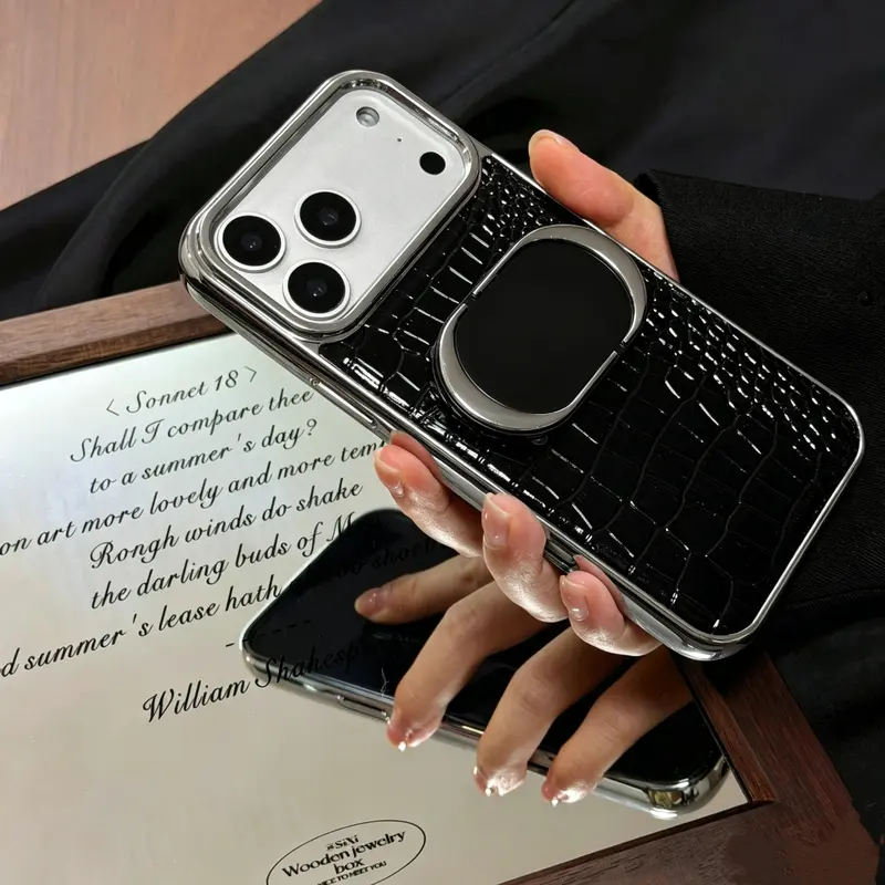 Luxury Crocodile Texture iPhone Case with Flip Mirror Kickstand, Shockproof Protective Cover Compatible with iPhone 15/16/17 Pro, iPhone 17 Pro Max