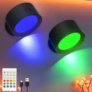 USB Rechargeable Wall Mounted Light, RGB Color Changing LED Wall Light with Remote Control, 360° Rotatable Base Wall Lamp for Bedroom, Living Room, Hallway