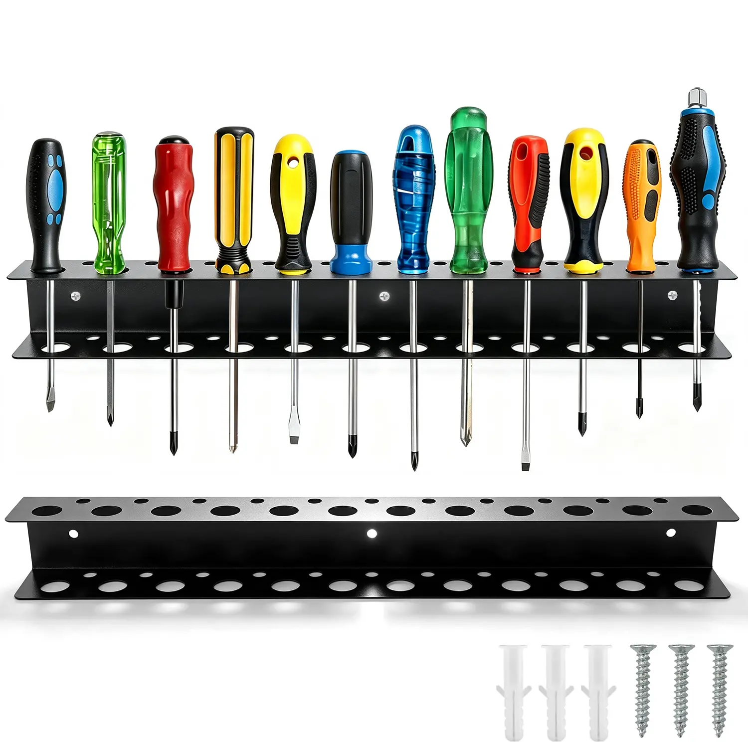 Metal Wall‑Mount Screwdriver Organizer Rack, Multi‑Hole Iron Tool Storage Holder, Wall Hanging Tool Display Stand for Garage, Workshop, Workbench, Space‑Saving Hardware Tool Storage Solution