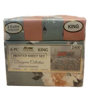 HEJEME King Printed Sheet Set - 6 Pillowcases, Designer Collection, Premium Bamboo, Includes Extra Pillowcases, 2400