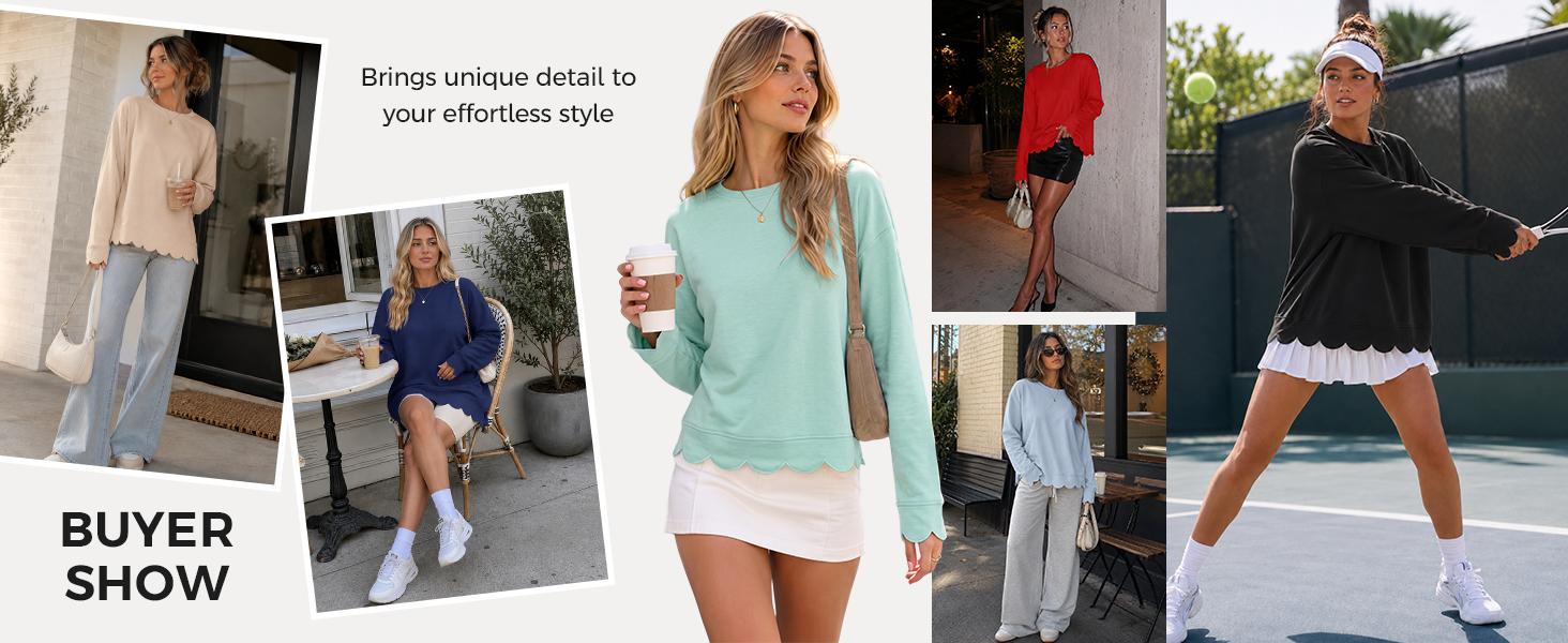 Fisoew Women's Fashion Casual Knit Light Vintage Heather Round Neck Oversized Tunic - Air-layer Fabric Sweatshirt, Long Sleeve, Wavy Scallop Hem & Cuff, Loose Fit Everyday Fall Layering Pullover Top Fisoew Women's Fashion Casual Knit Light Vintage Heather Round Neck Oversized Tunic - Air-layer Fabric Sweatshirt, Long Sleeve, Wavy Scallop Hem & Cuff, Loose Fit Everyday Fall Layering Pullover Top