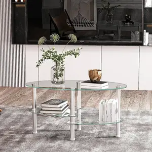 Modern 3-Tier Oval Glass Coffee Table with Stainless Steel Legs, Stylish Transparent Tea Table for Living Room & Office