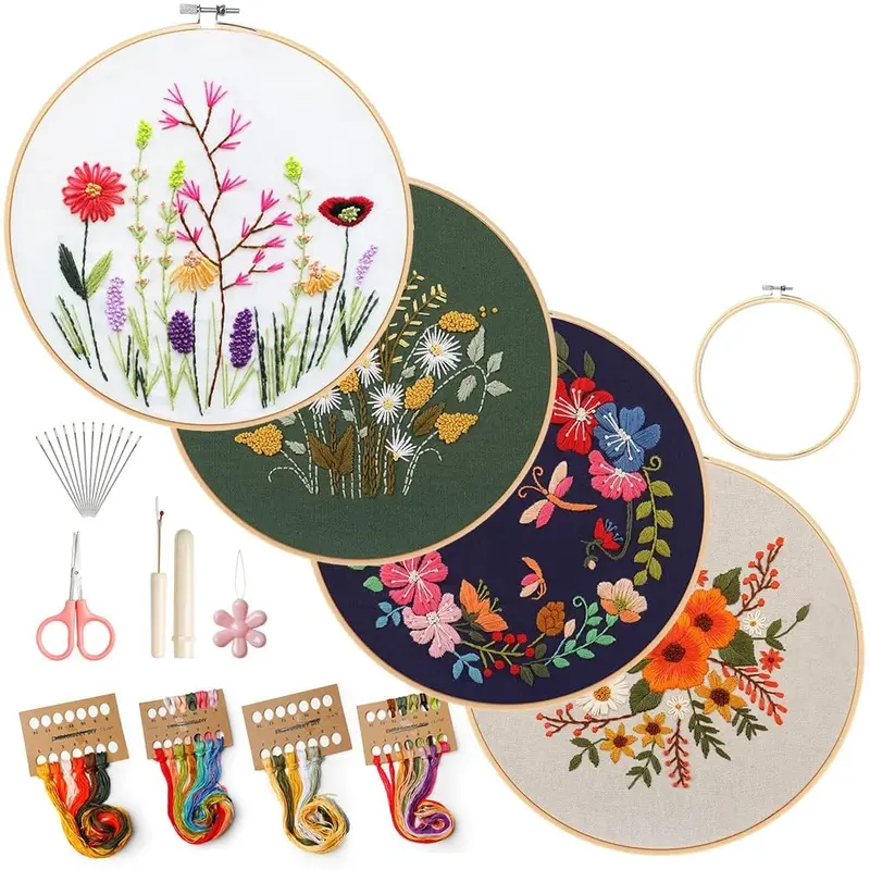 4PCS Embroidery Kit for Beginners Cross Stitch Kits for Adults, DIY Needlepoint Kits with Flower Patterns, Embroidery Tools, Threads, Hand Craft Lover Gift
