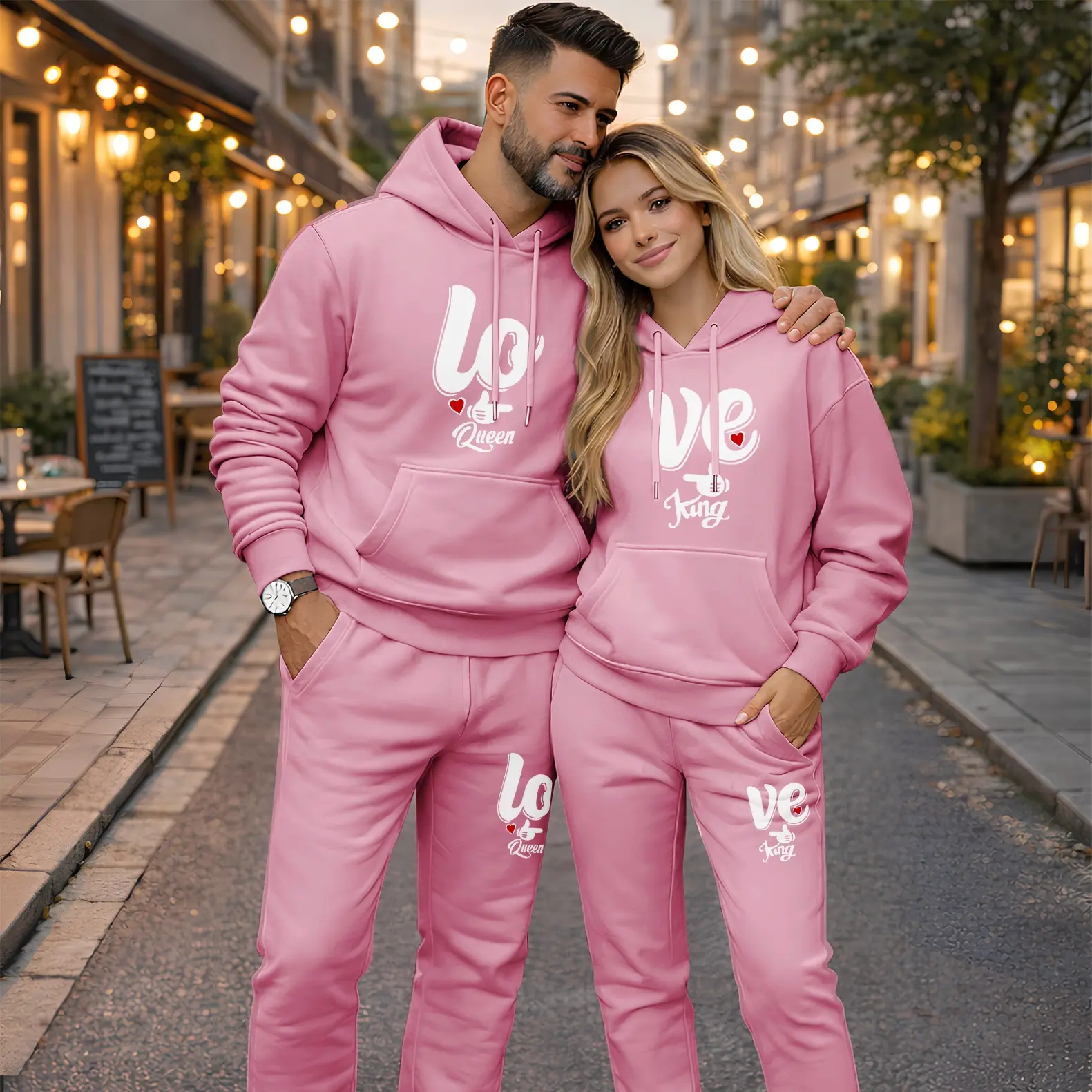 Men's Oversize Hoodie and Sweatpants Set, 2-Piece Casual Fit "Love King" Print Couple's Athletic Wear with Drawstring, Couple Outfits, Springfashion, Sporty Chic, Couple Graphic Pants & Top Sets