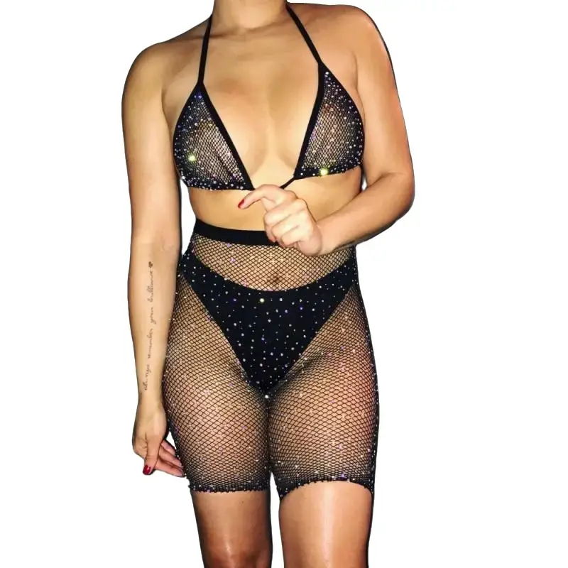 Women's Mesh Rhinestone 2-Piece Bikini Set - Sparkly Swimsuit, Beach Party & Nightclub Outfit
