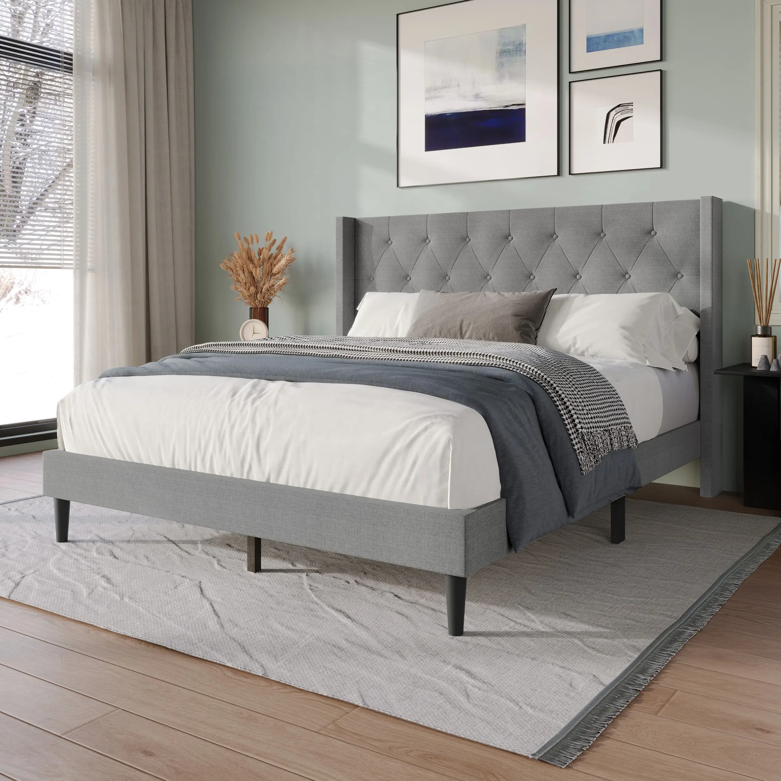 Favorer Hamden Tufted Upholstered Wingback Platform Bed Frame with Button-Tufted Headboard, No Box Spring Required