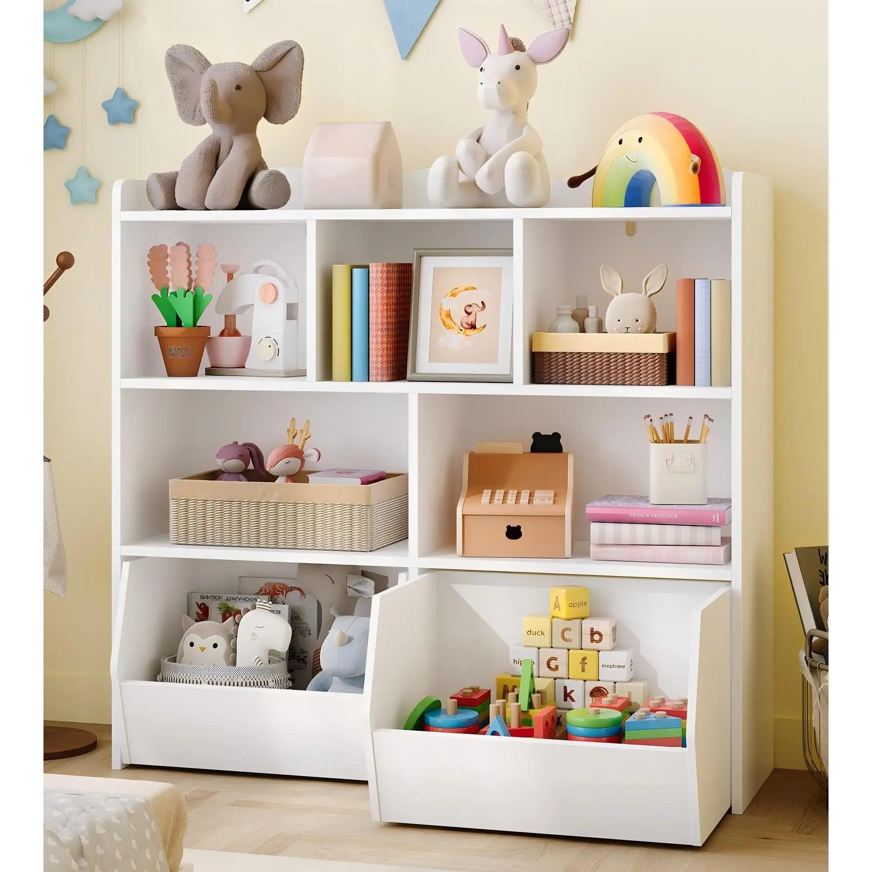 White-Special Drawer Toy Storage Organizer with Movable Drawers, Kids Bookshelf with Hidden Wheels and 5 Open Cubbies, Multifunctional Floor Storage Chest for Playroom