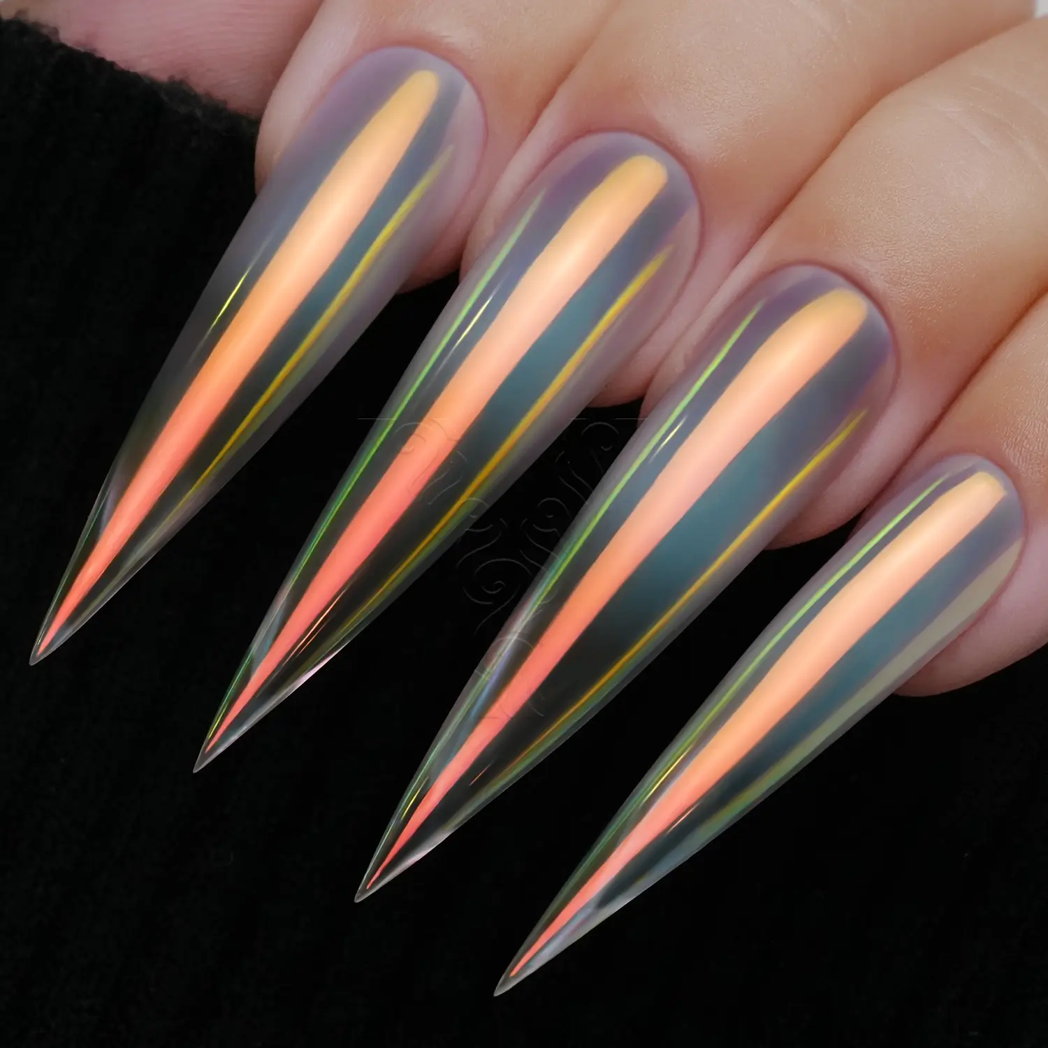 YOKEFELLOW GleamTap Cushion Aurora Chrome Nail Powder - Mermaid Aurora Effect ,Nail Art Glitter  Decoration for Home DIY Salon Manicure (GT112 Golden Hour/Purple Blue with light orange Sheen)