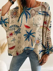 Women's V Neck Long Sleeve Knit Top, Casual Elegant Chic Vacation Style, Loose Fit Batwing Shoulder, Colorblock Beachwear, All Seasons