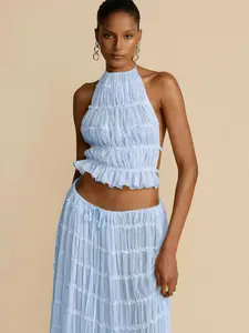 Women's 2-Piece Oversized Dress Set - Lightweight Polyester Basic Comfortable Fabric, Sleeveless Backless Cropped Top & High Waist Pleated Long Skirt, Elegant Statement Beach Outfit