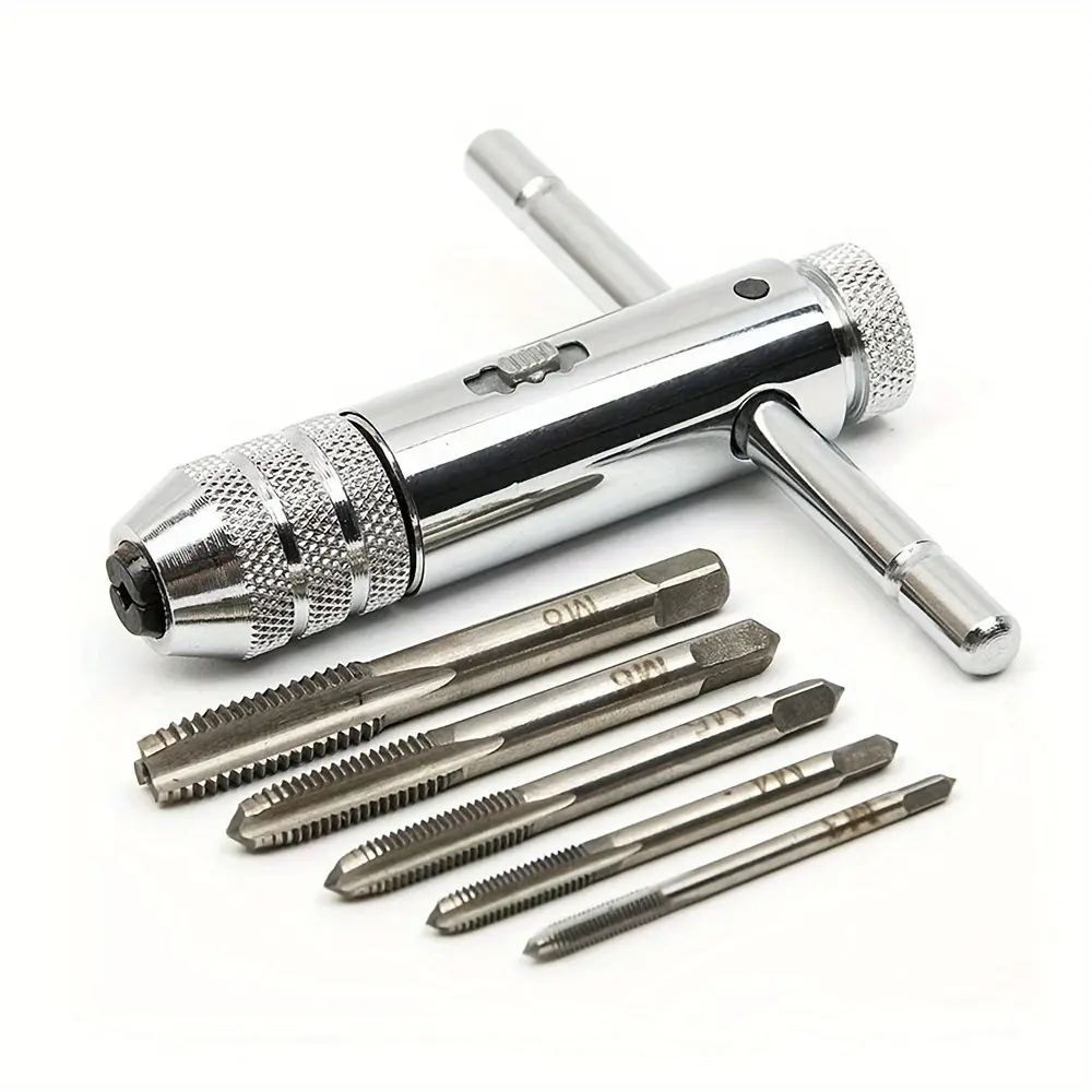 5-Piece Tap And Die Set - High-Quality Steel, Precision Threading For Metalworking & Mechanic Repairs, Chrome Finish