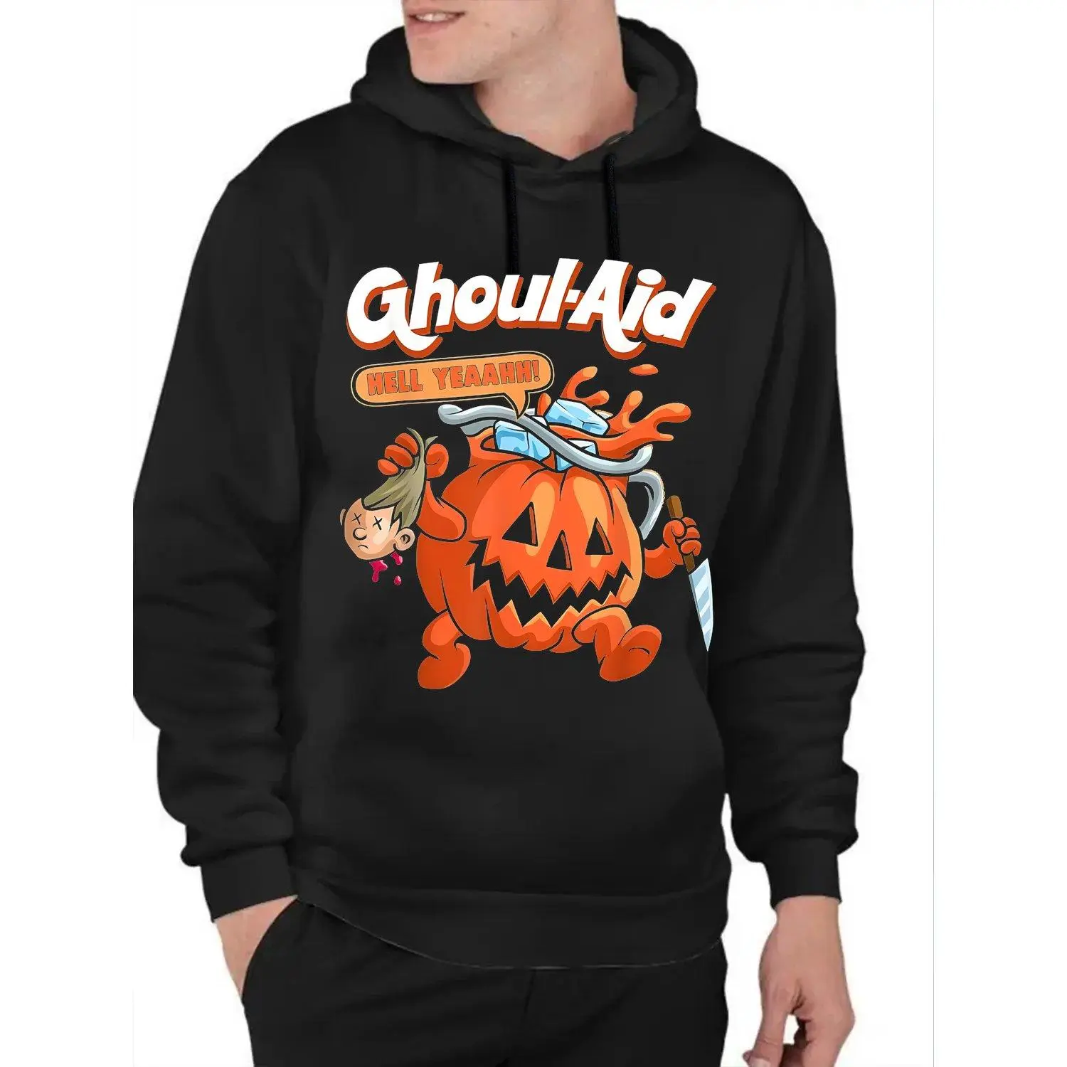 Halloween Ghoul Aid Pumpkin Graphic Mens Sports Hoodie Long Sleeve Pullover Crew Neck Casual Streetwear Top