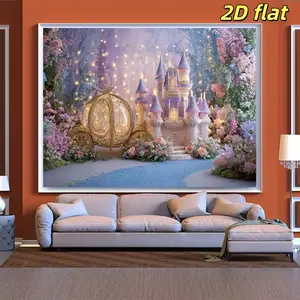 Princess Castle Background Cloth with Pumpkin Carriage and Floral Pattern, Party Decor for Wedding, Birthday, Ball, Christmas, Durable Polyester