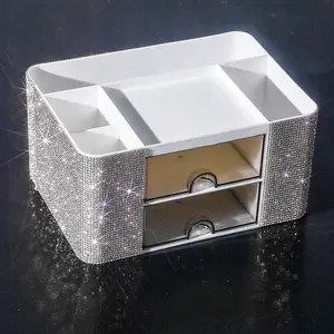1pc Diamond Embellished Two-Layer Drawer Storage Box, Pen Holder Organizer, Desktop Cosmetic Organiser, Desk Storage Container, Desk Organizer Tidy