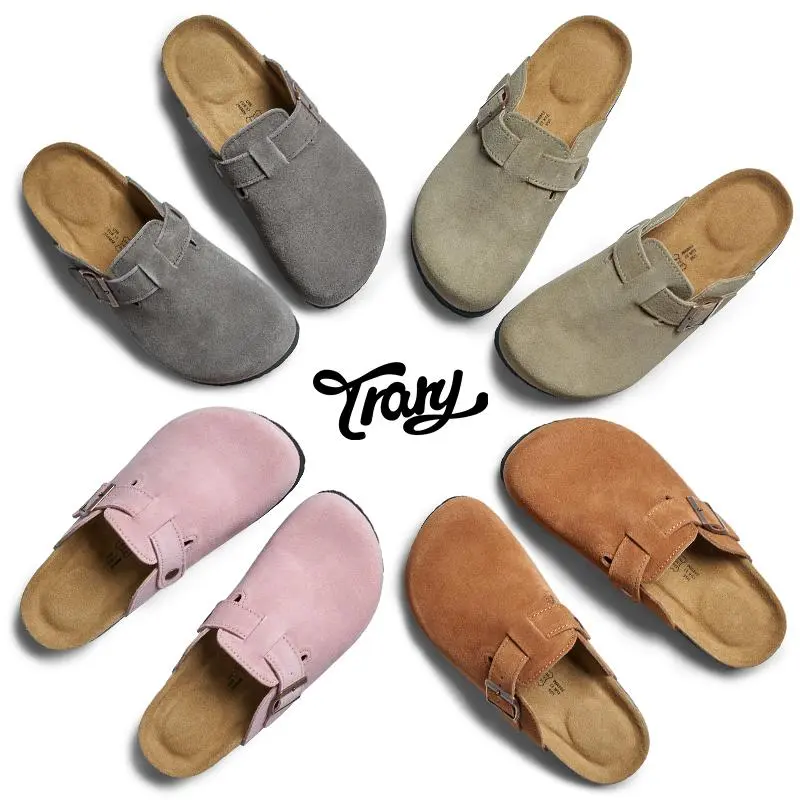Trary Women's Leather Footwear - Slip-On Clogs, Cork-Footed Mules, Half Size Up Recommendation