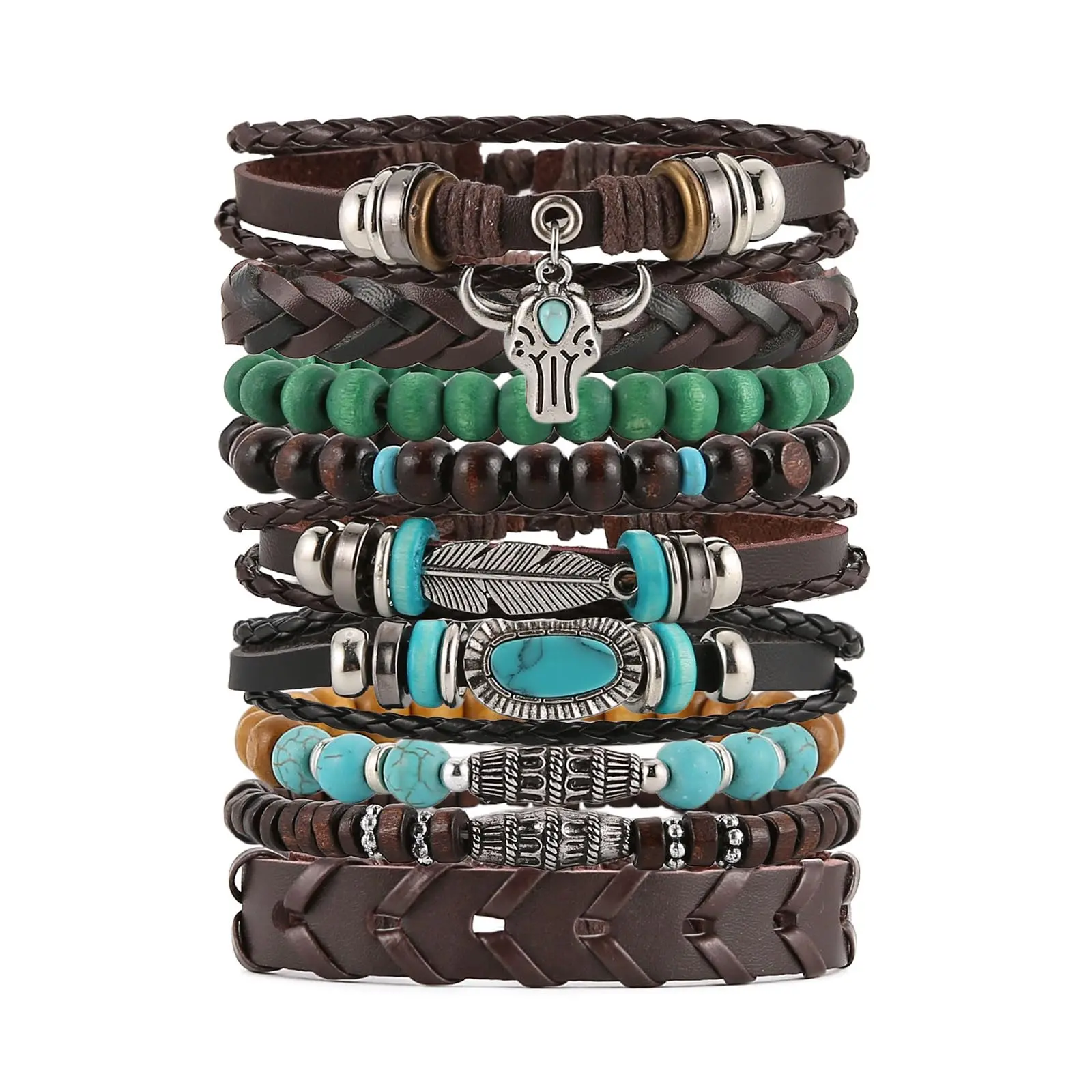 HZMAN Handmade Braided Leather Bracelet for Men Women Adjustable Bohemian Ethnic Tribal Multilayer Wooden Beaded Hemp Rope Wristbands Wrap Cuff Bracelet